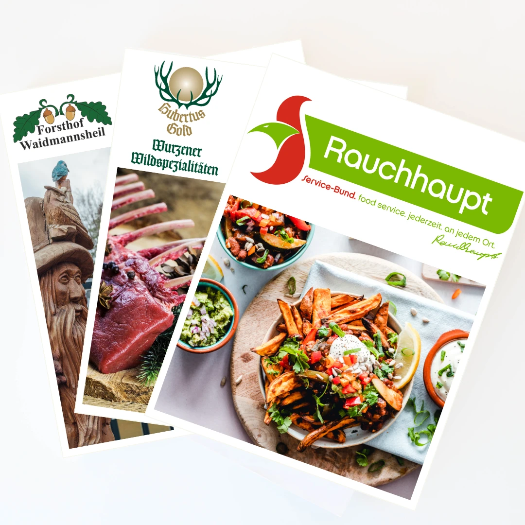 Firmenlogos Rauchhaupt, Wurzener Wildspezialitäten, Forsthof Waidmannsheil werden in Formen von drei übereinanderliegenden Magazincovern präsentiert
