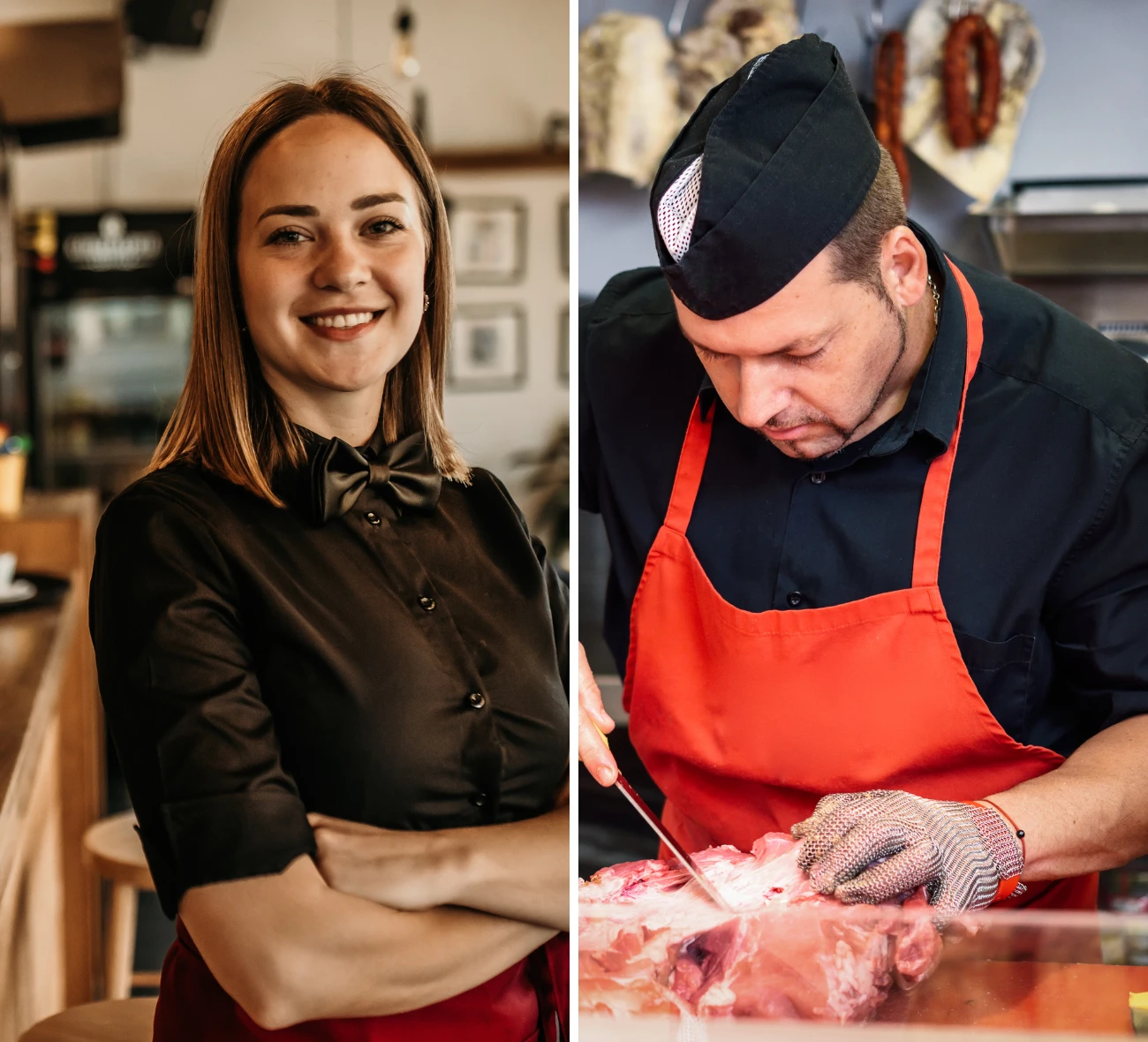 Mitarbeitende in der Gastro und in der Fleischproduktion